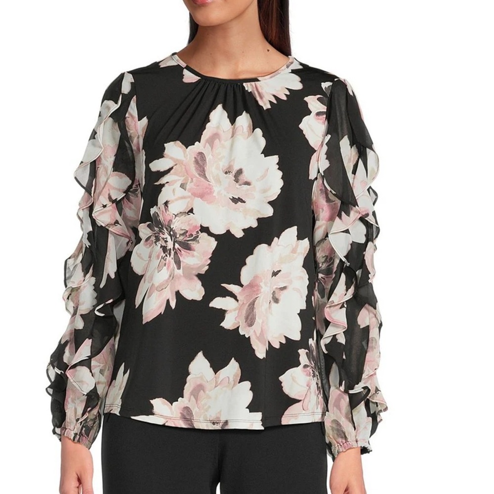 Anne Klein Women's Floral Ruffle Sleeve Blouse 1X NWT